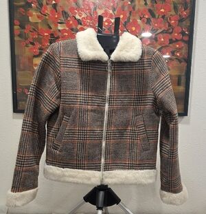 Hyfve Plaid Ladies Faux Fur Lined Zip Up Jacket Size Lg